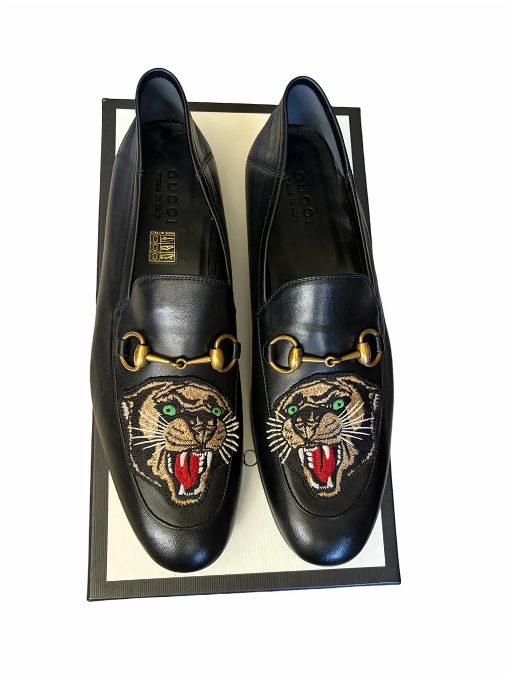 Gucci Black Leather Horsebit Loafers with Embroidered Tiger size 10.5